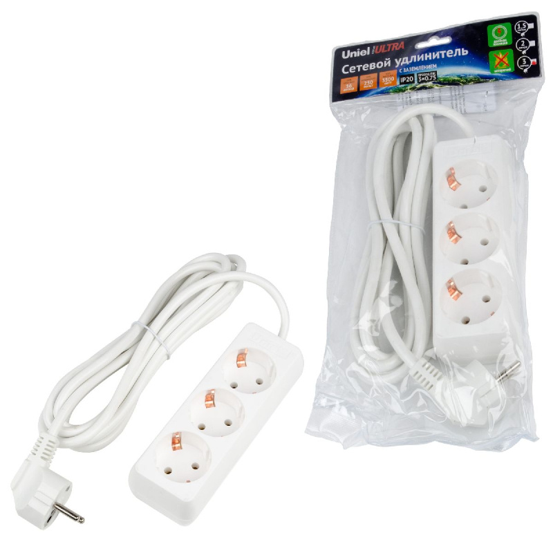 удлинитель бытовой uniel ultra s-gcu3-3 white ul-00010001