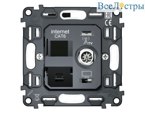 Механизм розетки компьютерной + TV оконечной RJ-45 (8P8C) CAT6/50-870 MHz 1dB с автоматической защитной шторкой QUANT Ambrella Volt VM195