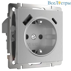 Розетка Werkel с быстрой зарядкой USB Type A+С серебряный рифленый W1171709 4690389176456