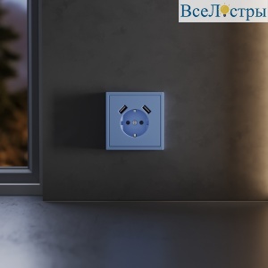 Накладка для розетки с заземлением и защитными шторками, с USB A+A Voltum S70 (деним) VLS000915