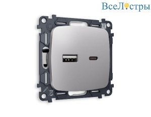Комплект механизма розетки 2USB A+C 20W 3000mA (быстрая зарядка) Ambrella Volt Omega MO511010