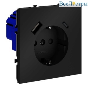 Розетка встраиваемая Voltum S70 с заземлением и защитными шторками, 16А, с USB, A+С, (черный матовый VLS040508