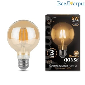 Лампа светодиодная филаментная Gauss E27 6W 2400K прозрачная 105802006