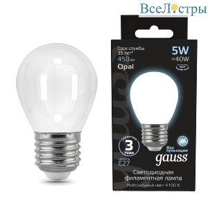 Лампа светодиодная филаментная Gauss E27 5W 4100К матовая 105202205