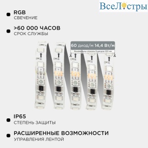Комплект адресной светодиодной ленты Apeyron 24В 14,4Вт/м smd5050 60д/м IP65 10м RGB (адаптер питания, контроллер)  10-100