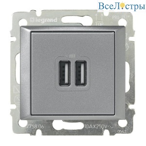 Розетка USB двойная Legrand Valena 240V/5V 2400mA алюминий 770270