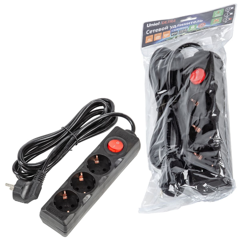 удлинитель бытовой uniel ultra s-gcu3-3b black ul-00010017