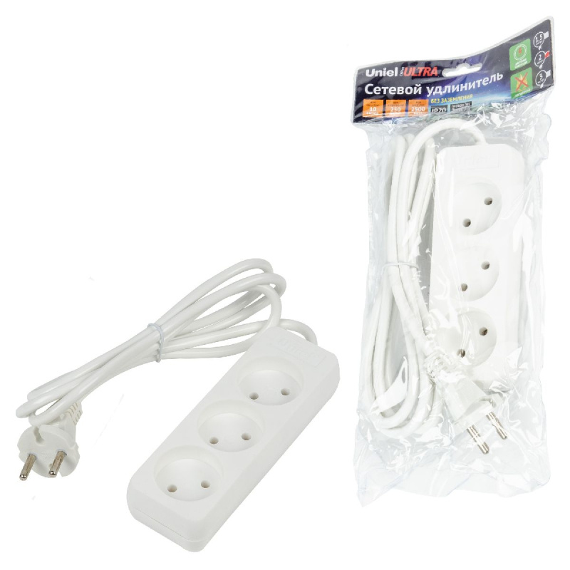 удлинитель бытовой uniel ultra s-cu3-2 white ul-00009981