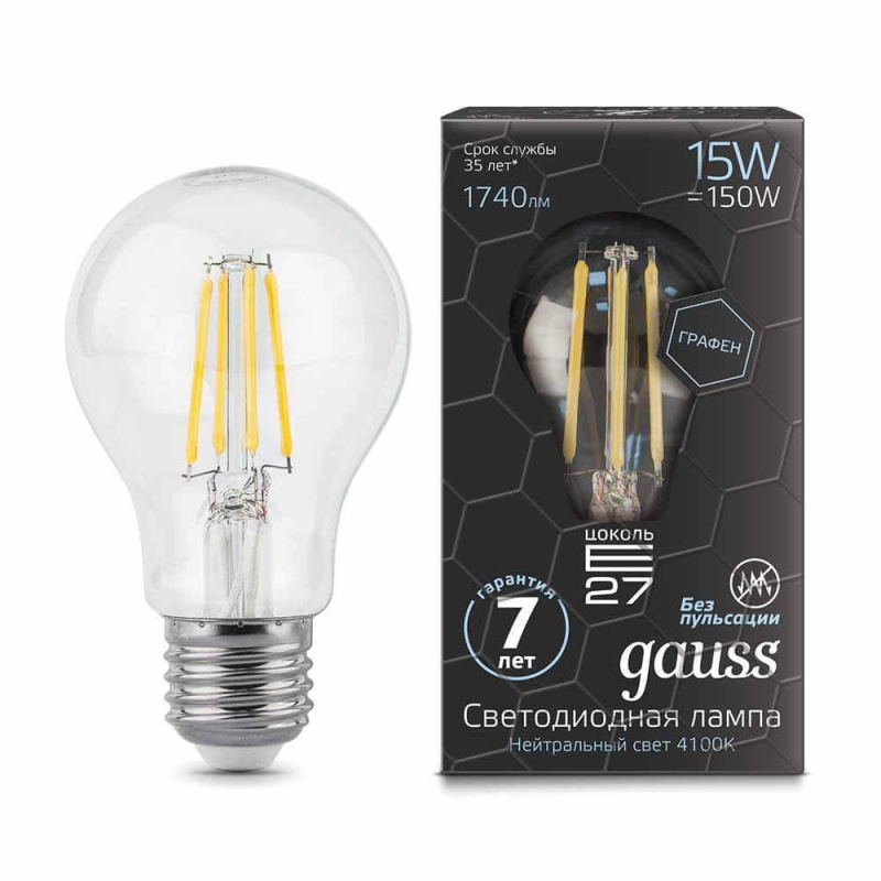 лампа светодиодная филаментная gauss e27 15w 4100к прозрачная 102802215