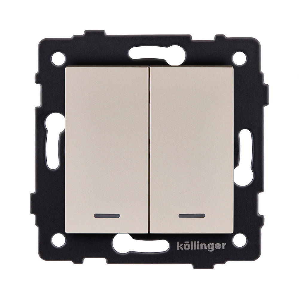 выключатель 2-клавишный проходной 10а/250в с led подсветкой, золотой kollinger rea-s-010gd для aspekt, eleganz, reflex
