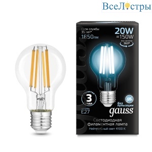 Лампа светодиодная филаментная Gauss E27 20W 4100K прозрачная 102902220