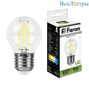 Лампа светодиодная филаментная Feron E27 5W 4000K Шар Прозрачная LB-61 25582