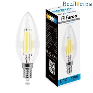 Лампа светодиодная филаментная Feron E14 9W 6400K прозрачная LB-73 38229