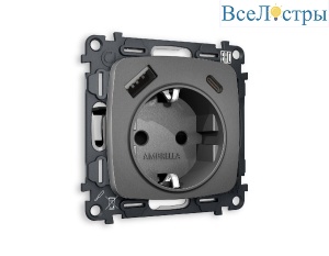 Комплект механизма розетки 2USB A+C 20W (быстрая зарядка) с/з Ambrella Volt Omega MO660010