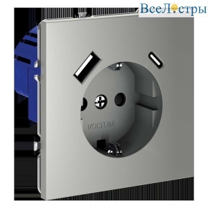 Розетка встраиваемая Voltum S70 с заземлением и защитными шторками, 16А, с USB, A+С, (сталь) VLS040505
