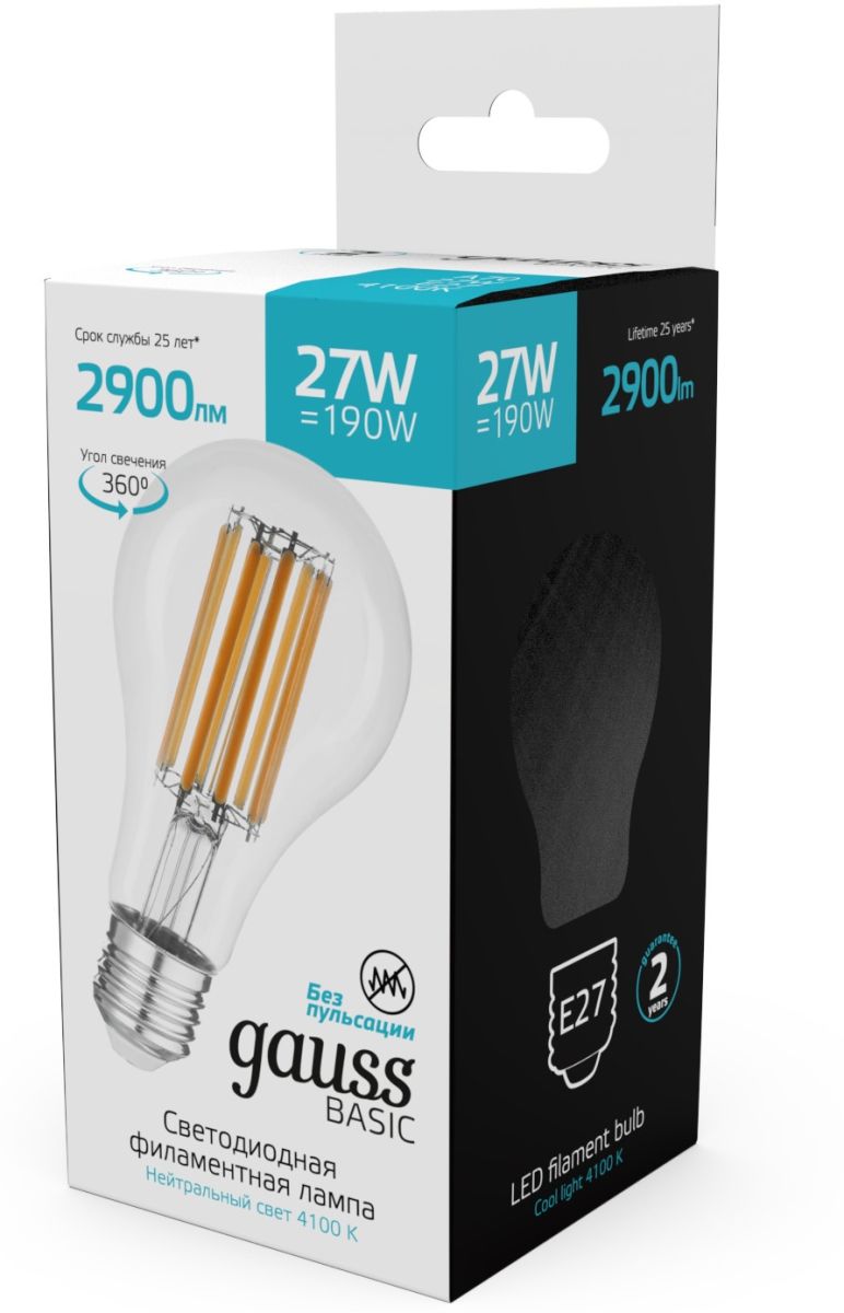 светодиодная филаментная лампа gauss basic filament е27 27w 4100к 40712272