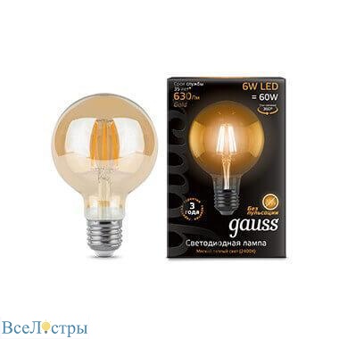 лампа светодиодная филаментная gauss e27 6w 2400k прозрачная 105802006