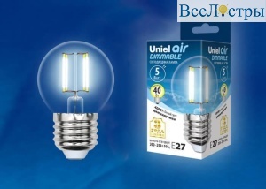 Лампа светодиодная филаментная (UL-00002871) Uniel E27 5W 4000K LED-G45-5W/NW/E27/CL/DIM GLA01TR