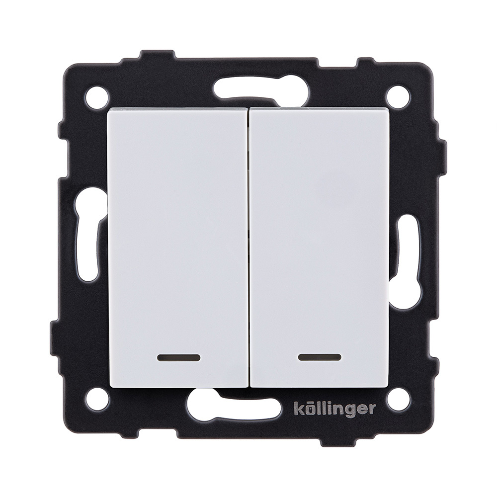 выключатель 2-клавишный 10а/250в с led подсветкой, белый kollinger rea-s-008wh для aspekt, eleganz, reflex