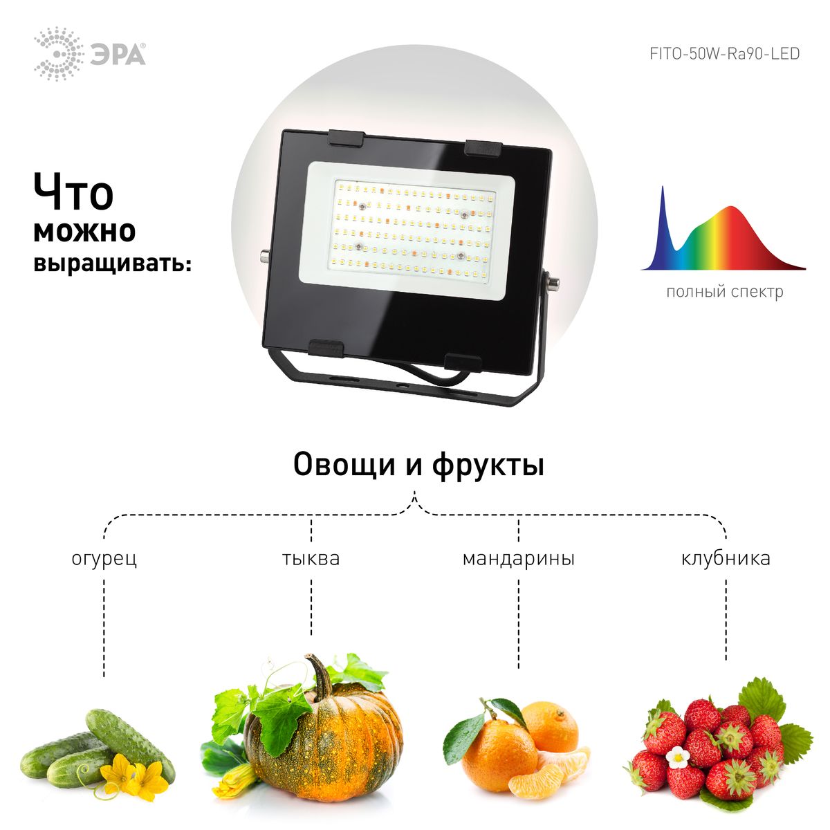 фитопрожектор для растений эра fito-50w-ra90-led б0047875