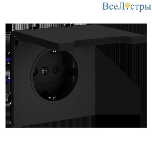 Розетка встраиваемая Voltum S70 с заземлением, защитными шторками и крышкой 16А, (черный матовый) VLS040308