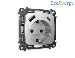 Комплект механизма розетки 2USB A+C 20W (быстрая зарядка) с/з Ambrella Volt Omega MO410010