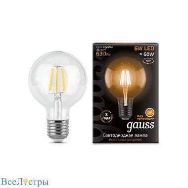 лампа светодиодная филаментная gauss e27 6w 2700k прозрачная 105802106