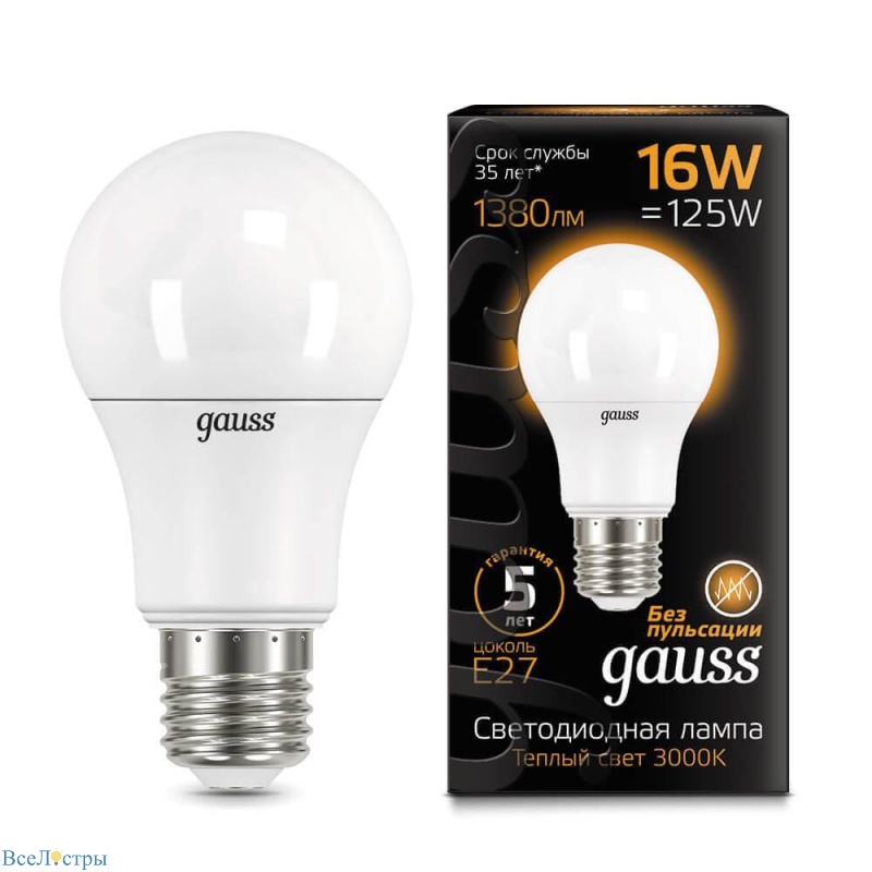 лампа светодиодная gauss e27 16w 3000k матовая 102502116