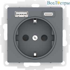 Розетка 16А с USB A+C (5В/2,4А/3 А, 2х5В/1,5А), мех Systeme Electric AtlasDesign Грифель ATN000732