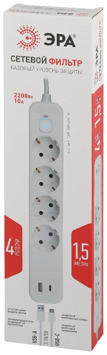 сетевой фильтр эра usf-4es-1,5m-2xusbac-w б0059571