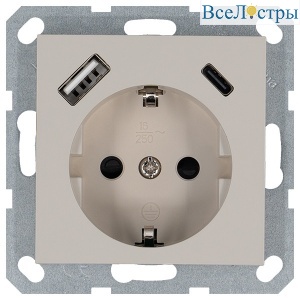 Розетка SHUKO с USB A+C с защитными шторками 16A 250V 2P+T USB 25W, цвет Тауп Jasmart G5501USB-25T