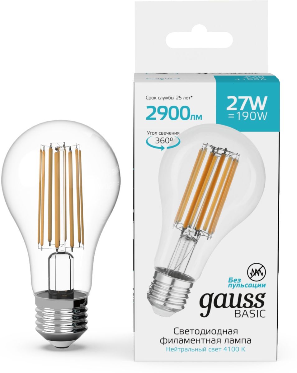 светодиодная филаментная лампа gauss basic filament е27 27w 4100к 40712272