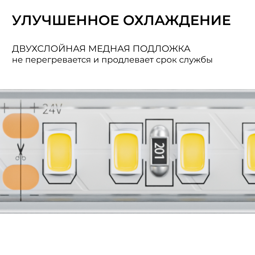 светодиодная лента apeyron 24в, 12 вт/м, 1000 лм/м, 6500к, smd2835, 180 д/м, ip65, 5м 00-449