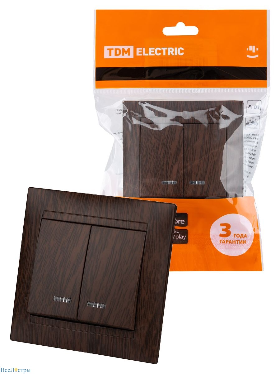 выключатель двухклавишный с подсветкой лама tdm electric sq1815-0405