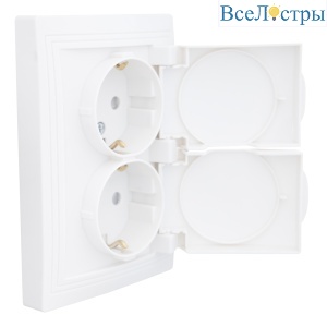Розетка 2П+З двойная с защ. шт. и крышкой скрытой установки 16А 250В IP44, белая (керамика) "Дельта" 477224