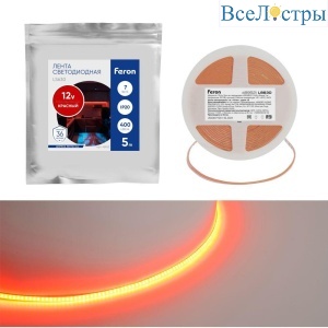 Светодиодная лента Feron 7W/m 400LED/m COB красный 5М LS630 48952