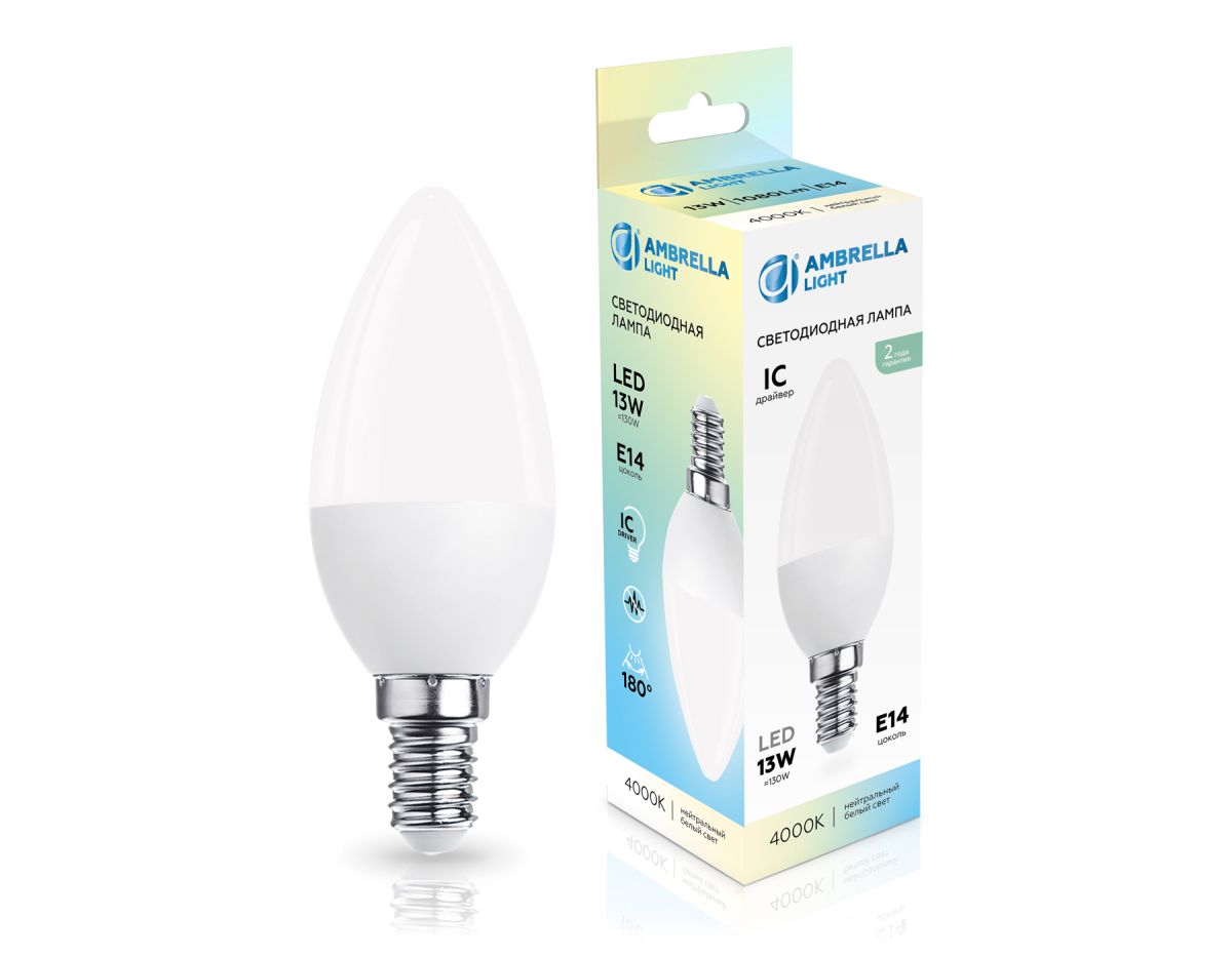 светодиодная лампа ambrella light bulbing e14 13w 4000k свеча 371314