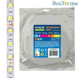 Светодиодная лента Volpe 7,2W/m 30LED/m 5050SMD RGB 5M ULS-Q210 5050-30LED/m-10mm-IP20-DC12V-7,2W/m-5M-RGB UL-00004541