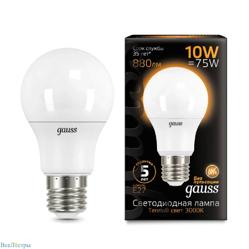 лампа светодиодная gauss e27 10w 3000k матовая 102502110