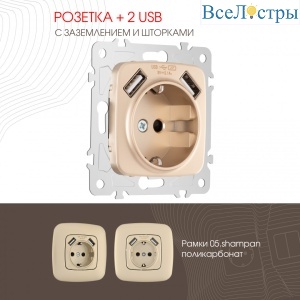 Розетка с заземлением, шторками + 2 USB Arte Milano 205.47-1.shampan