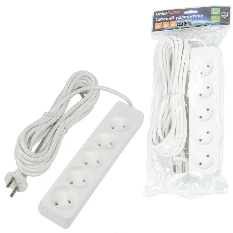 удлинитель бытовой uniel ultra s-cu5-5 white ul-00009991