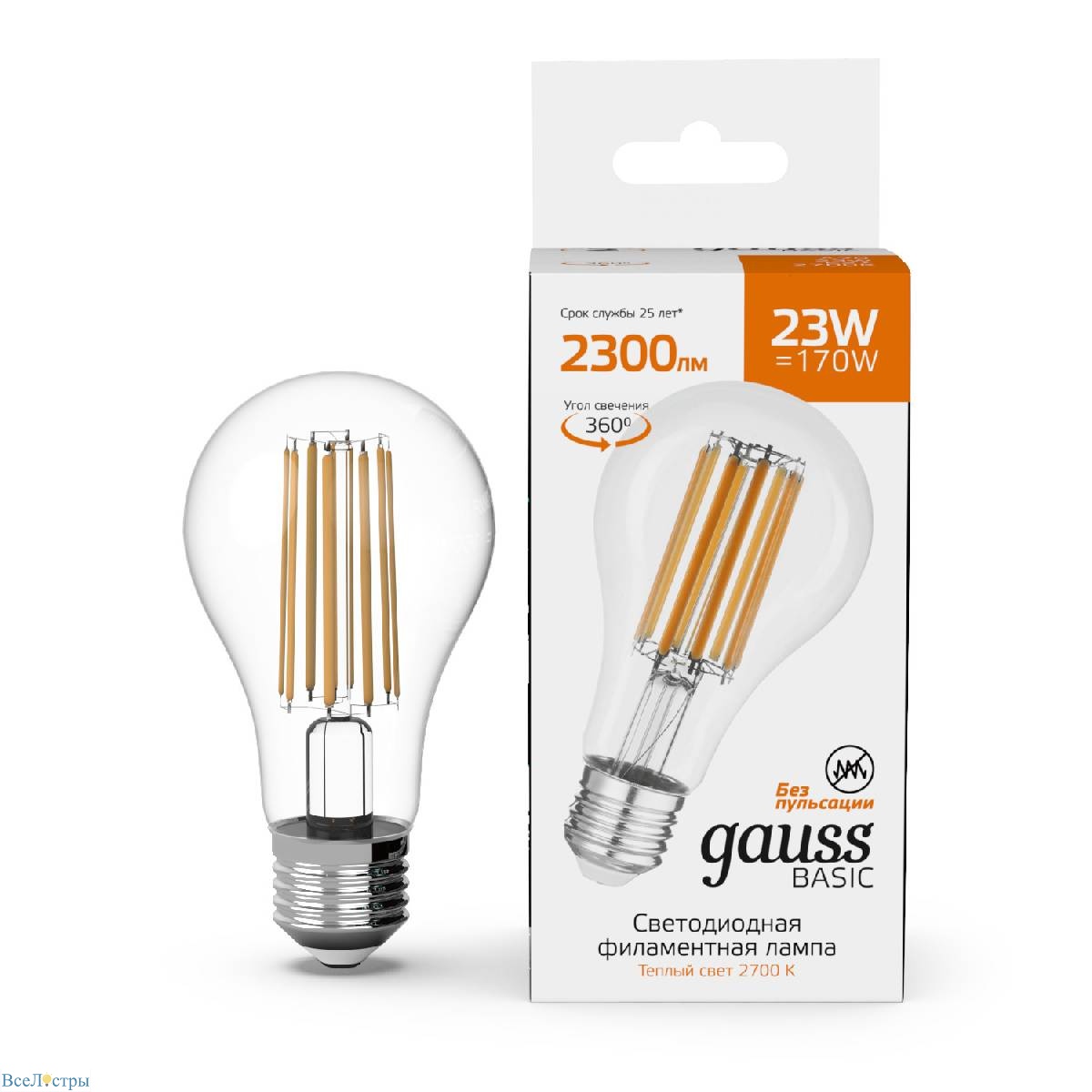 светодиодная филаментная лампа gauss basic filament e27 23w 2700k 40712132