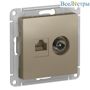 Розетка двойная комп+ТВ, RJ45+TV, кат.5E, Systeme Electric AtlasDesign Шампань ATN000589
