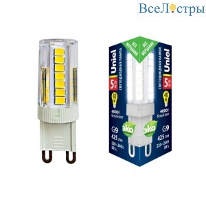 Лампа светодиодная (UL-00006749) Uniel G9 5W 4000K прозрачная LED-JCD-5W/4000K/G9/CL GLZ09TR