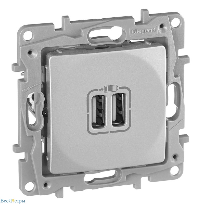 розетка 2хusb legrand etika алюминий 672494