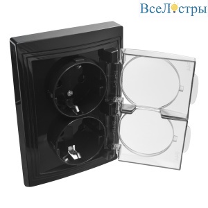 Розетка 2П+З двойная с защ. шт. и прозрачной крышкой скрытой установки 16А 250В IP44, черная (керами 477375