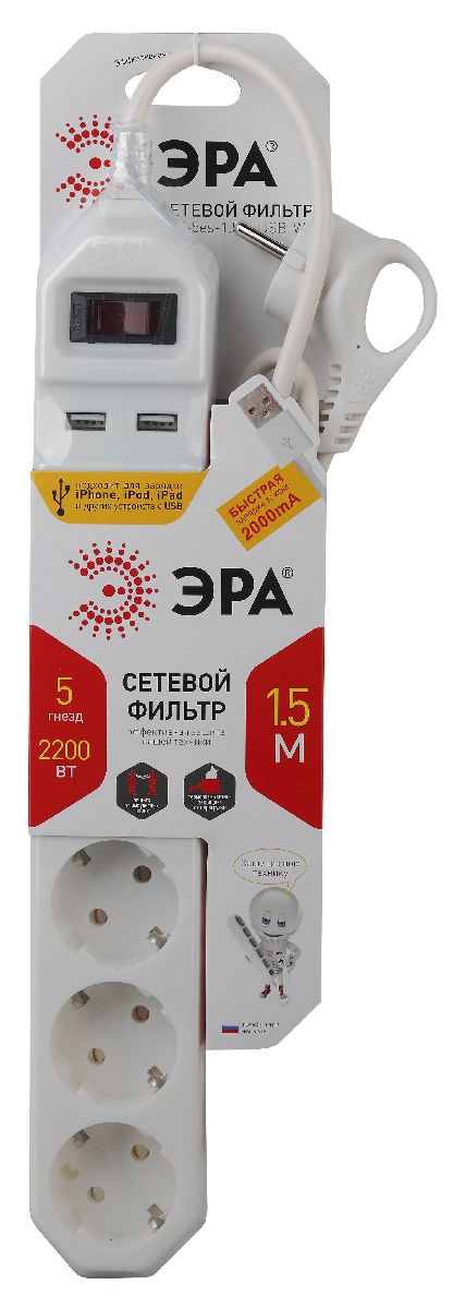 сетевой фильтр эра usf-5es-1.5m-usb-w б0019037