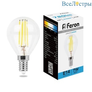 Лампа светодиодная филаментная Feron E14 7W 6400K прозрачная LB-52 38221