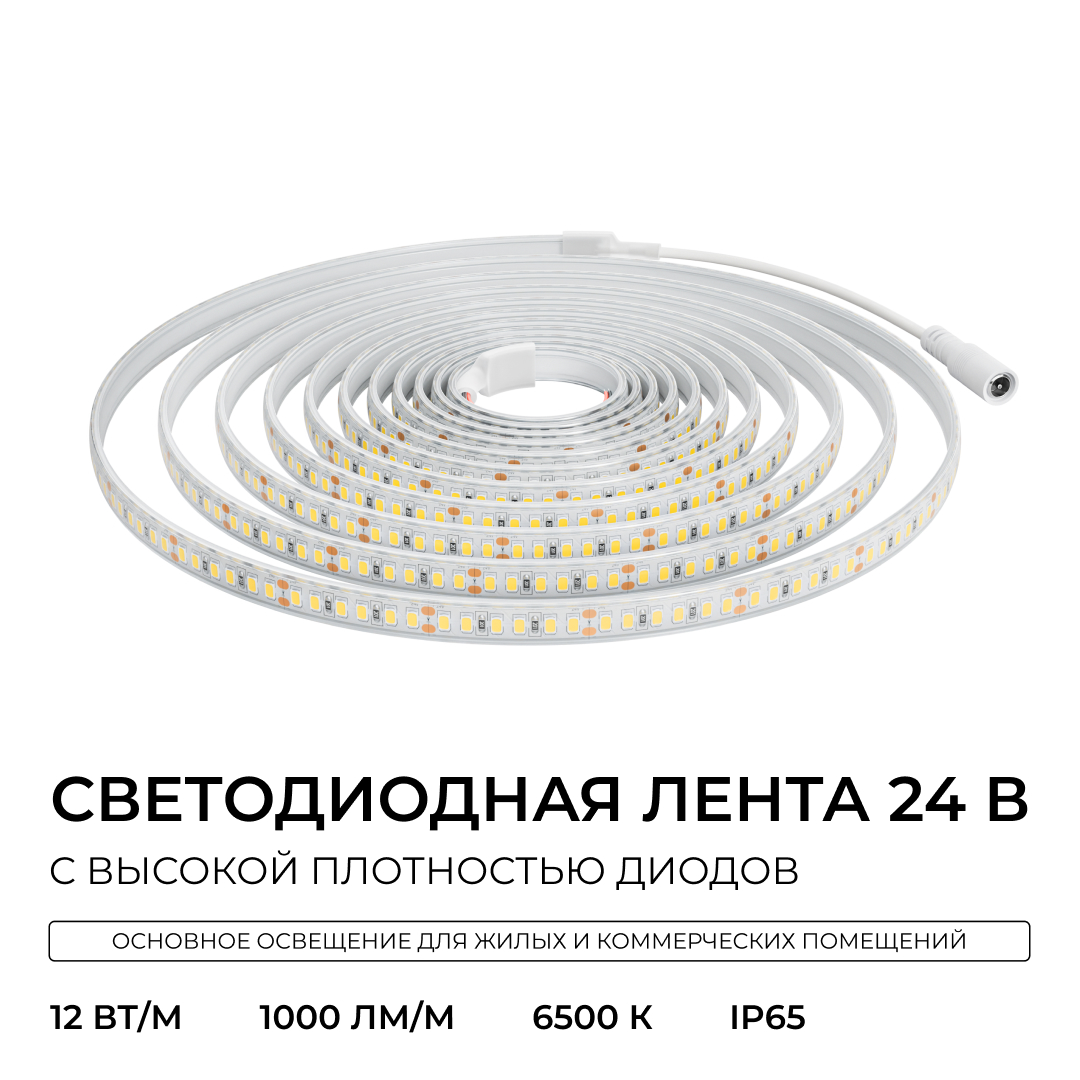 светодиодная лента apeyron 24в, 12 вт/м, 1000 лм/м, 6500к, smd2835, 180 д/м, ip65, 5м 00-449