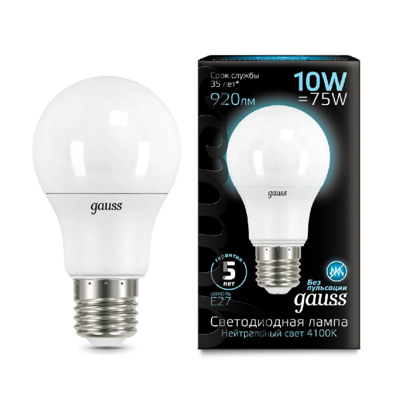лампа светодиодная gauss led a60 e27 10w 4100k матовая 102502210